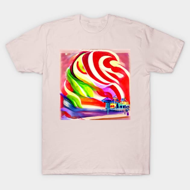 Santa Monica Pier swirly Candy AI Art T-Shirt by Christine aka stine1